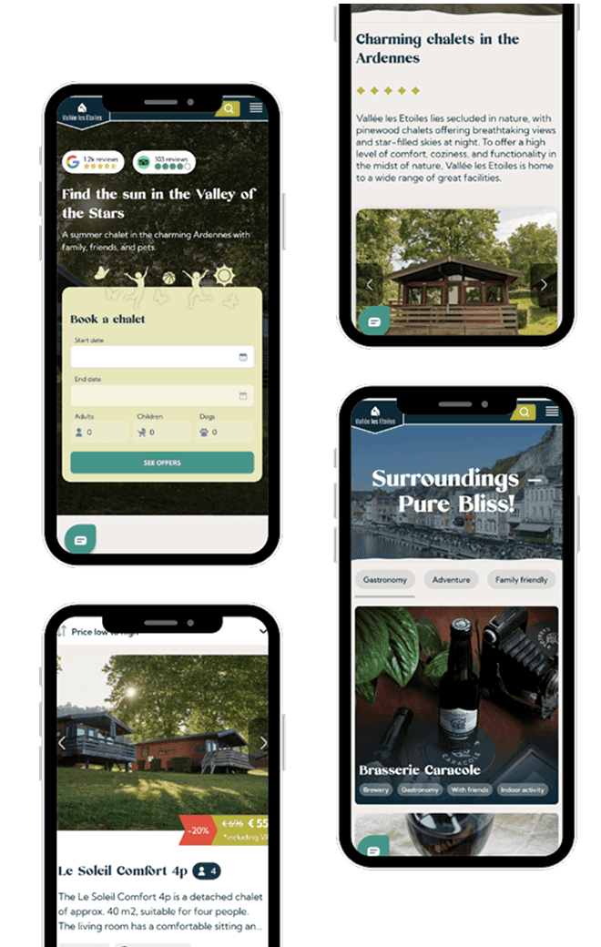 Mobile resort website screens showing booking, accommodation and guest information pages.